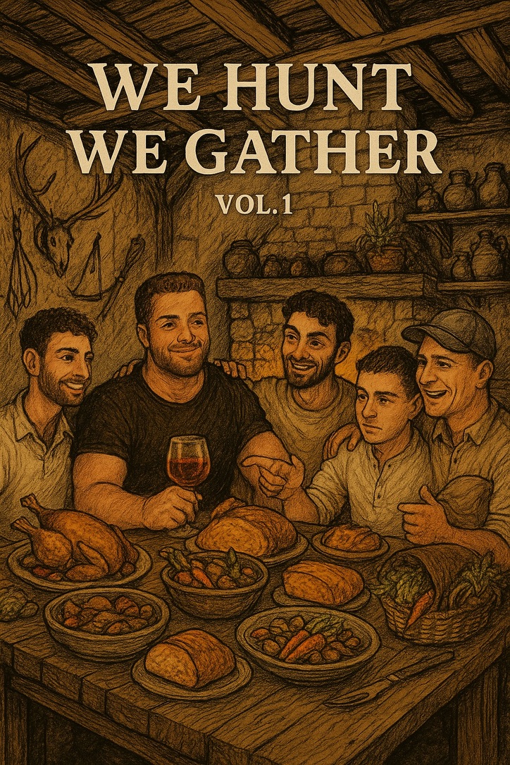Sepia sketch of five friends laughing around a table heavy with roast chicken, bread, and wine, in a stone-and-timber lodge.